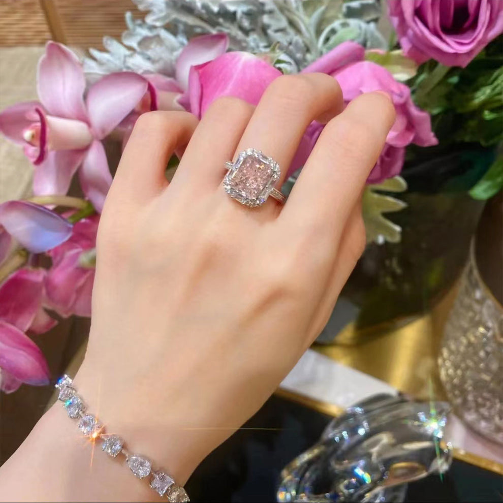 Women's White Gold Rectangle Pink Gem Adjustable Halo Ring