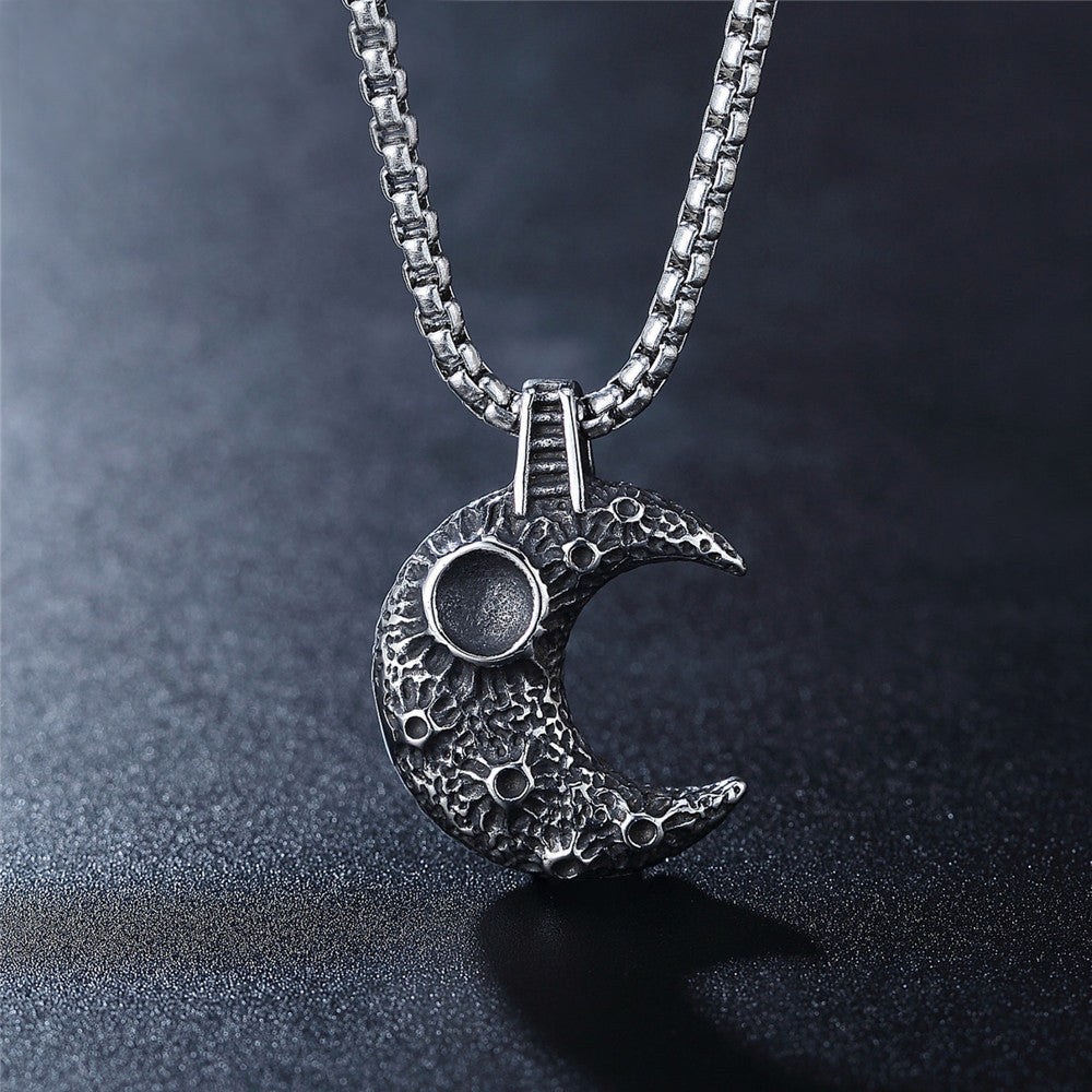 Men's Steel Textured Crescent Moon Pendant Necklace
