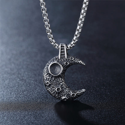 Men's Steel Textured Crescent Moon Pendant Necklace
