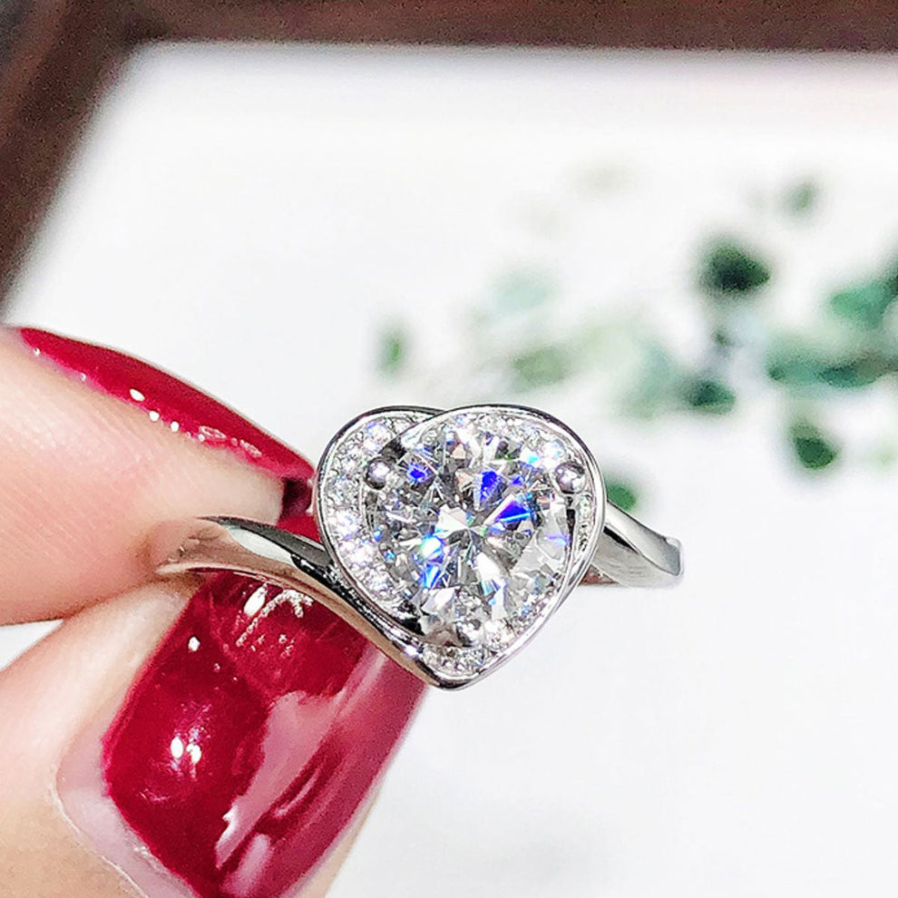 Women's White Gold Channel Setting Stones Heart Shape Moissanite Adjustable Ring
