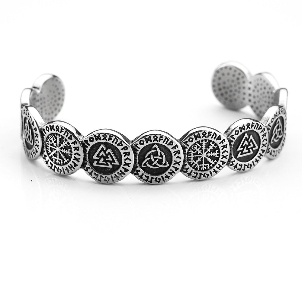 Nordic Pirate Retro Viking Rune Symbols Open C Bracelet for Men, Vintage Stainless Steel Cuff Bangle