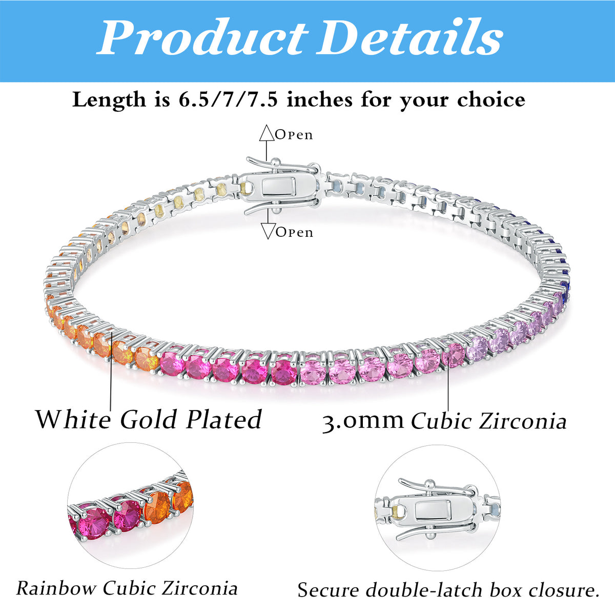 Women&Men's 18k White Gold-Plated 3mm Round Colored Zircon Tennis Bracelet