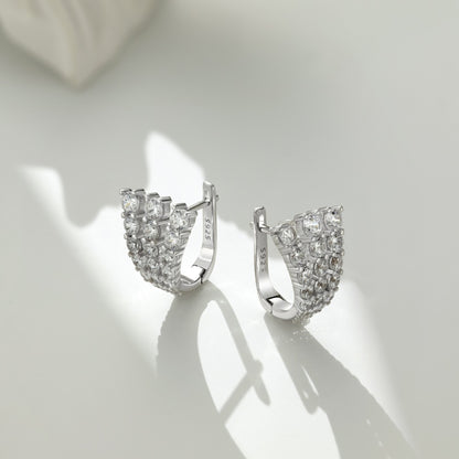 Women's U‑Shape Click Hoop Earrings, 3‑Row Paved Round Zirconia, S925 with White Gold Plating