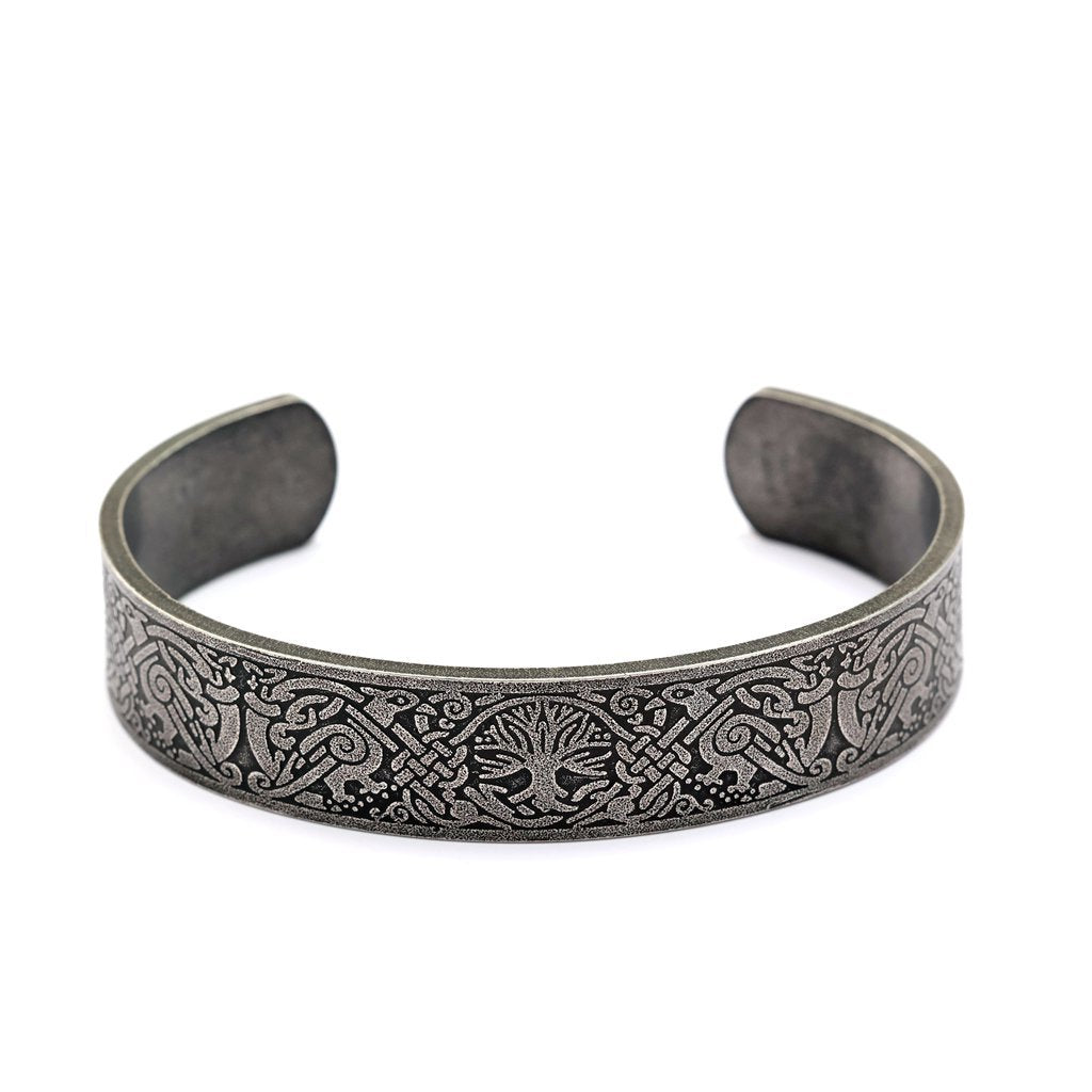 Men's Nordic Pirate Vintage Stainless Steel C-Cuff Bracelet with Engraved Viking Totem
