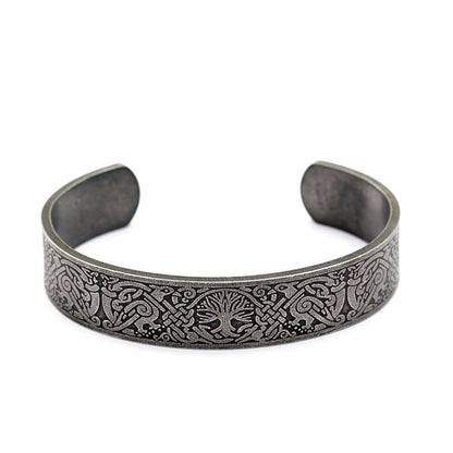 Men's Nordic Pirate Vintage Stainless Steel C-Cuff Bracelet with Engraved Viking Totem