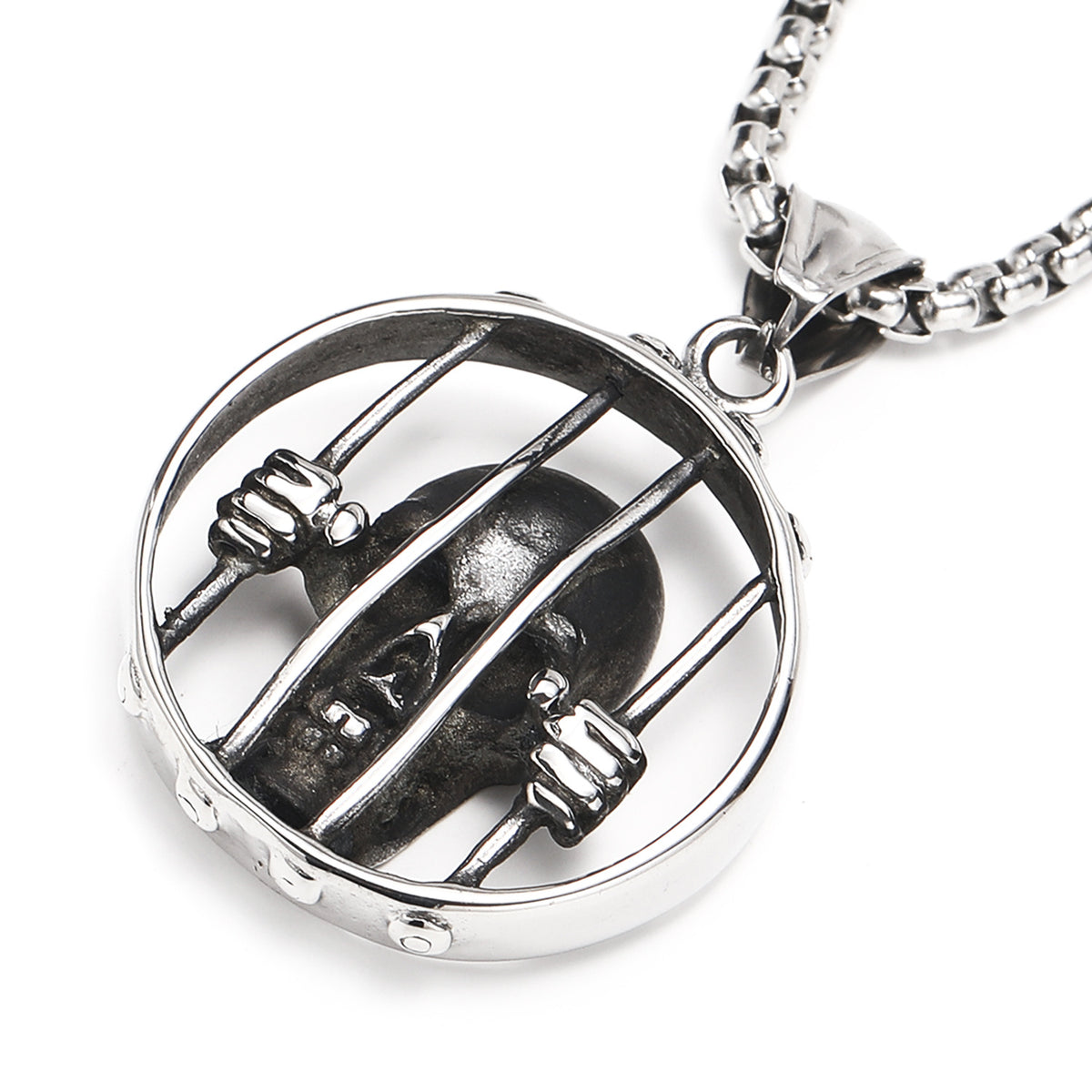 Men's Steel Prison Skull Round Pendant Necklace, Punk Street Jewelry