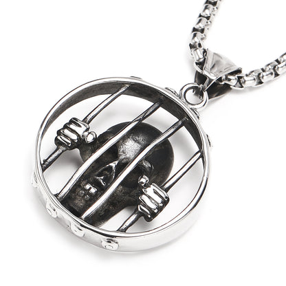Men's Steel Prison Skull Round Pendant Necklace, Punk Street Jewelry