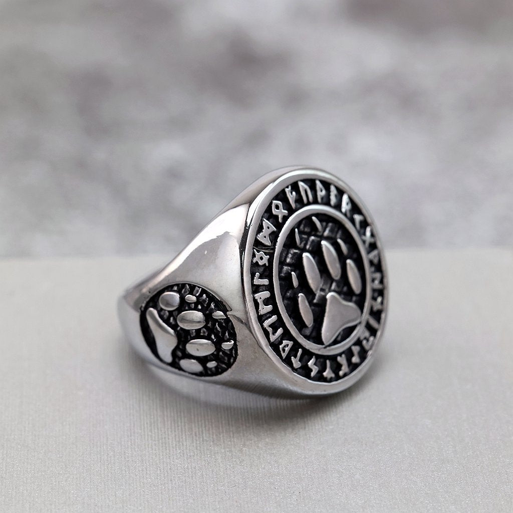 Vintage Stainless Steel Viking Rune Bear Paw Round Signet Ring for Men