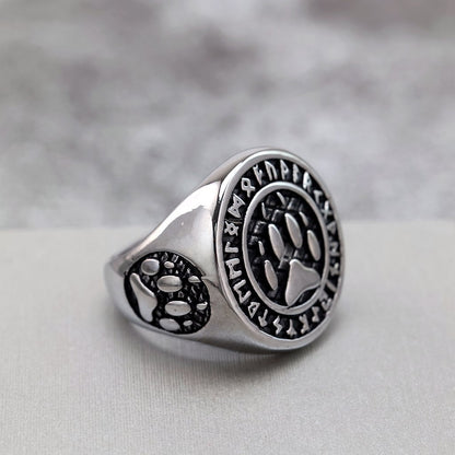Vintage Stainless Steel Viking Rune Bear Paw Round Signet Ring for Men