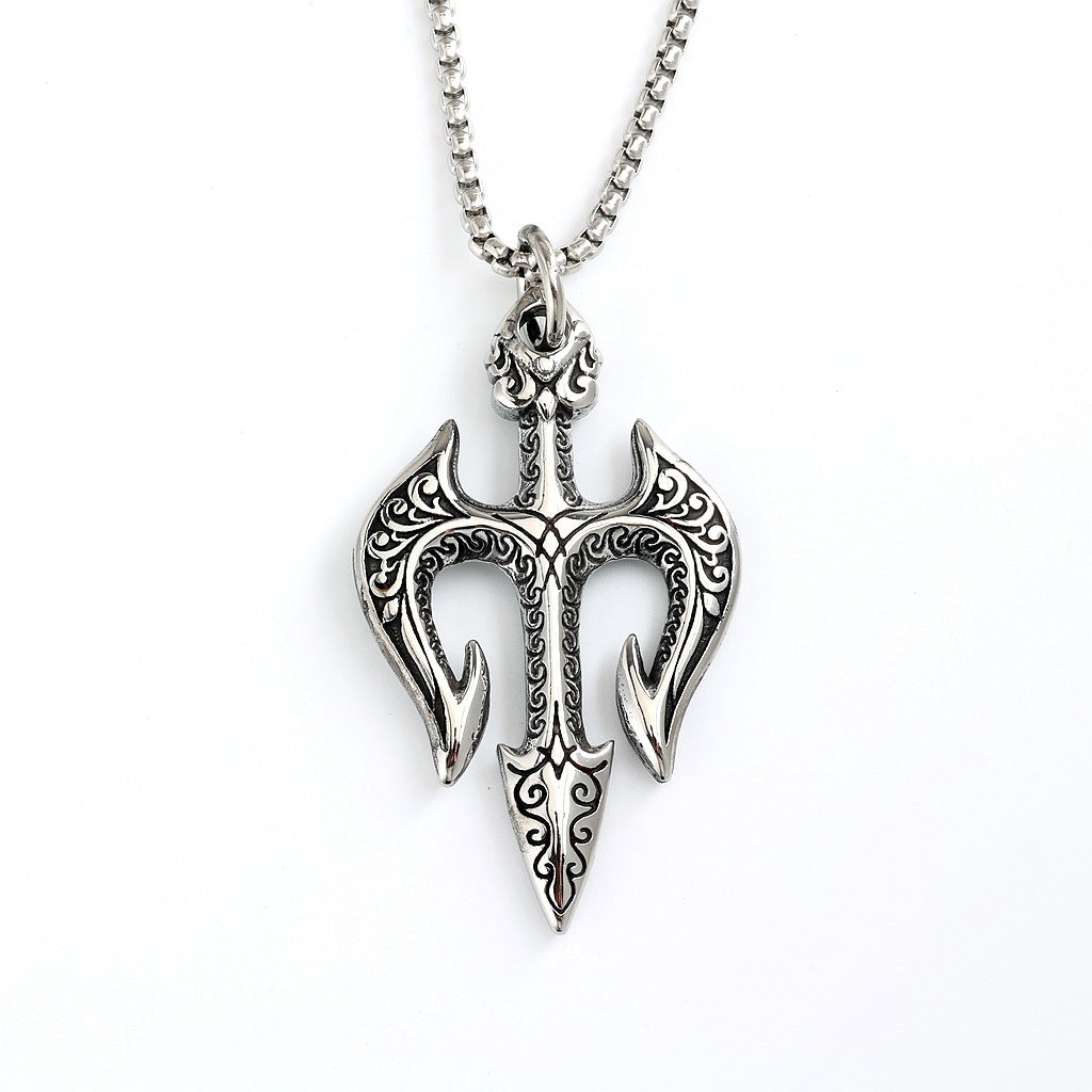 Vintage Stainless Steel Men's Trident Pendant Necklace