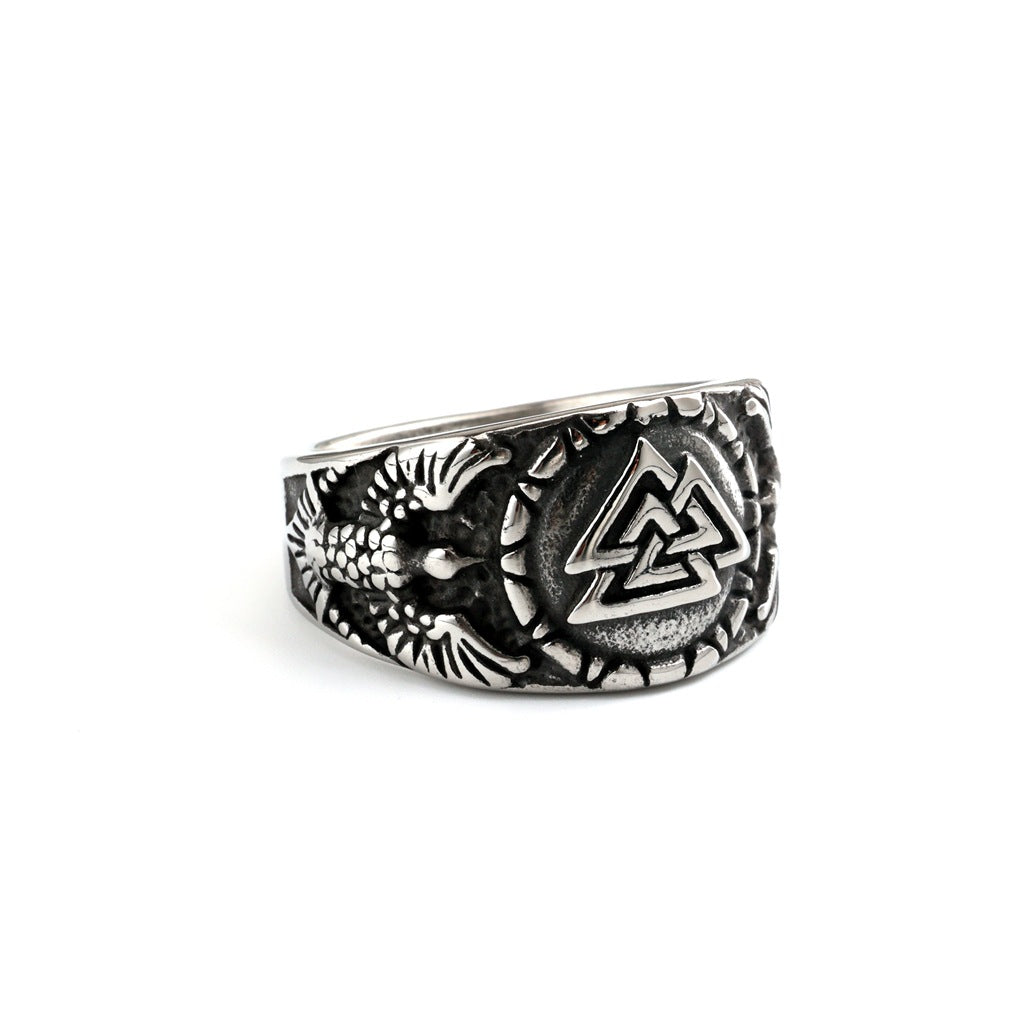 Vintage Solid Stainless Steel Norse Viking Valknut Raven Wide Signet Ring for Men