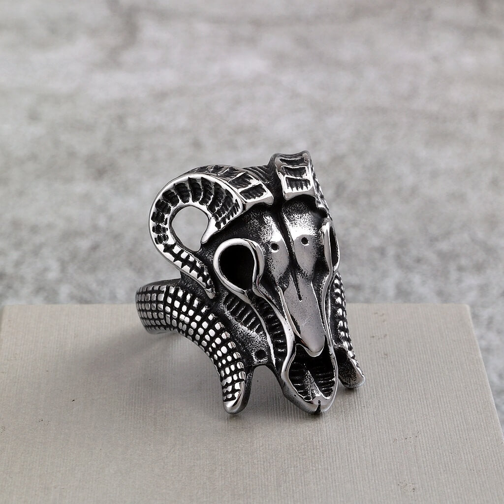 Vintage Solid Stainless Steel Punk Goat Skull Ring for Men