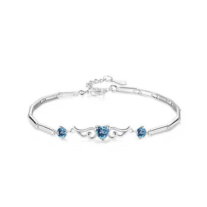 Women's White Gold Angel Wings Heart Shape Blue Sapphire Bracelet