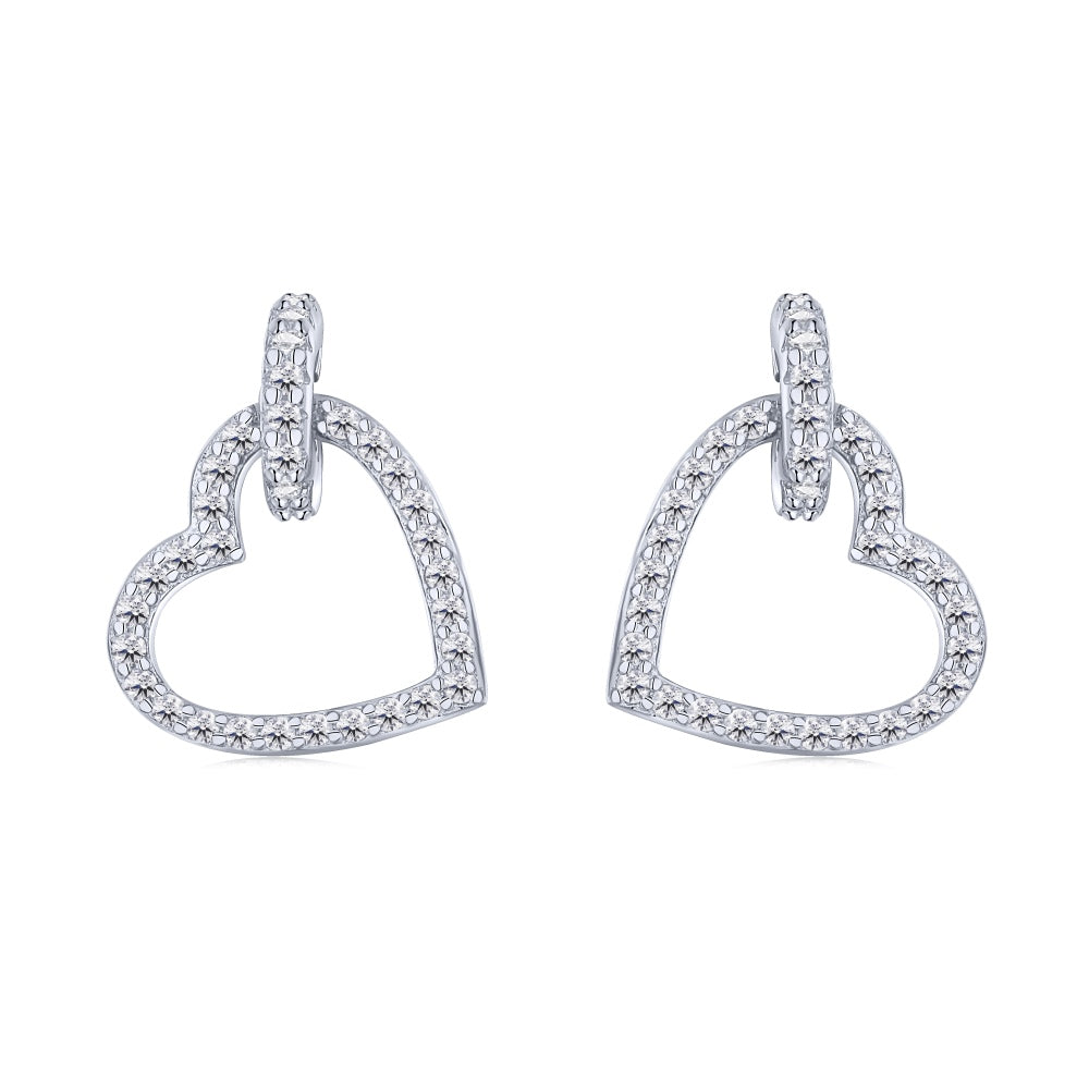 Women's Interlocking Heart Dangle Stud Earrings, Paved Zirconia, S925 with White Gold Plating
