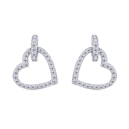 Women's Interlocking Heart Dangle Stud Earrings, Paved Zirconia, S925 with White Gold Plating