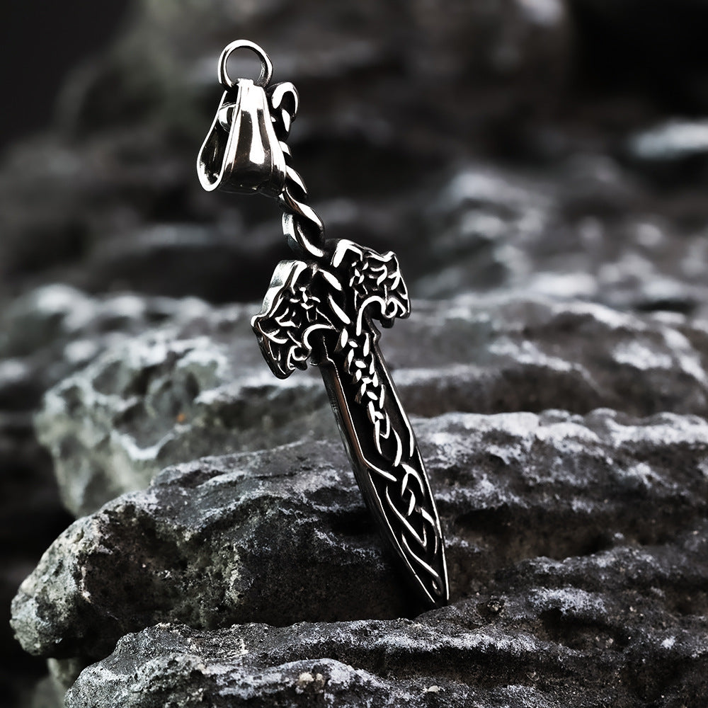 Vintage Antique Oxidized Stainless Steel Men's Viking Celtic Knot Sword Hollow Pendant Necklace
