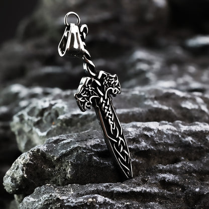 Vintage Antique Oxidized Stainless Steel Men's Viking Celtic Knot Sword Hollow Pendant Necklace