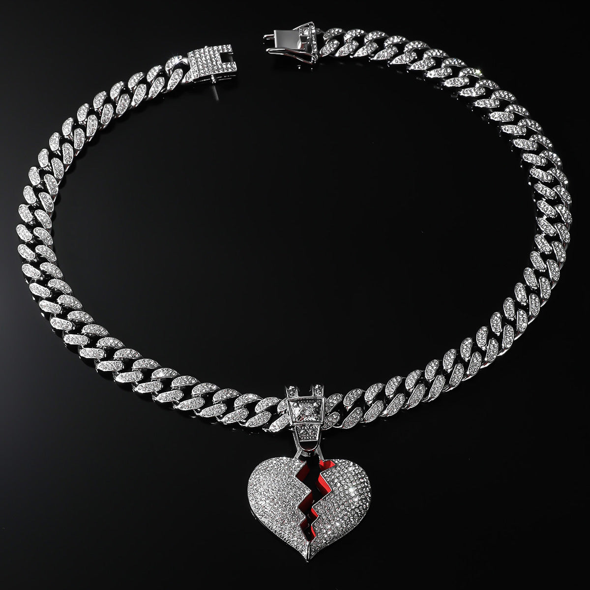 Hip-Hop Broken Red Heart Cuban Chain Pendant Necklace