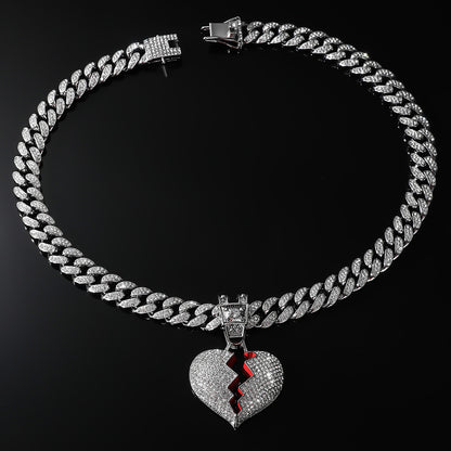 Hip-Hop Broken Red Heart Cuban Chain Pendant Necklace