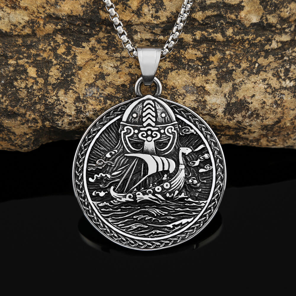 Mens Steel Vintage Viking Ship Double Sided Round Pendant Necklace