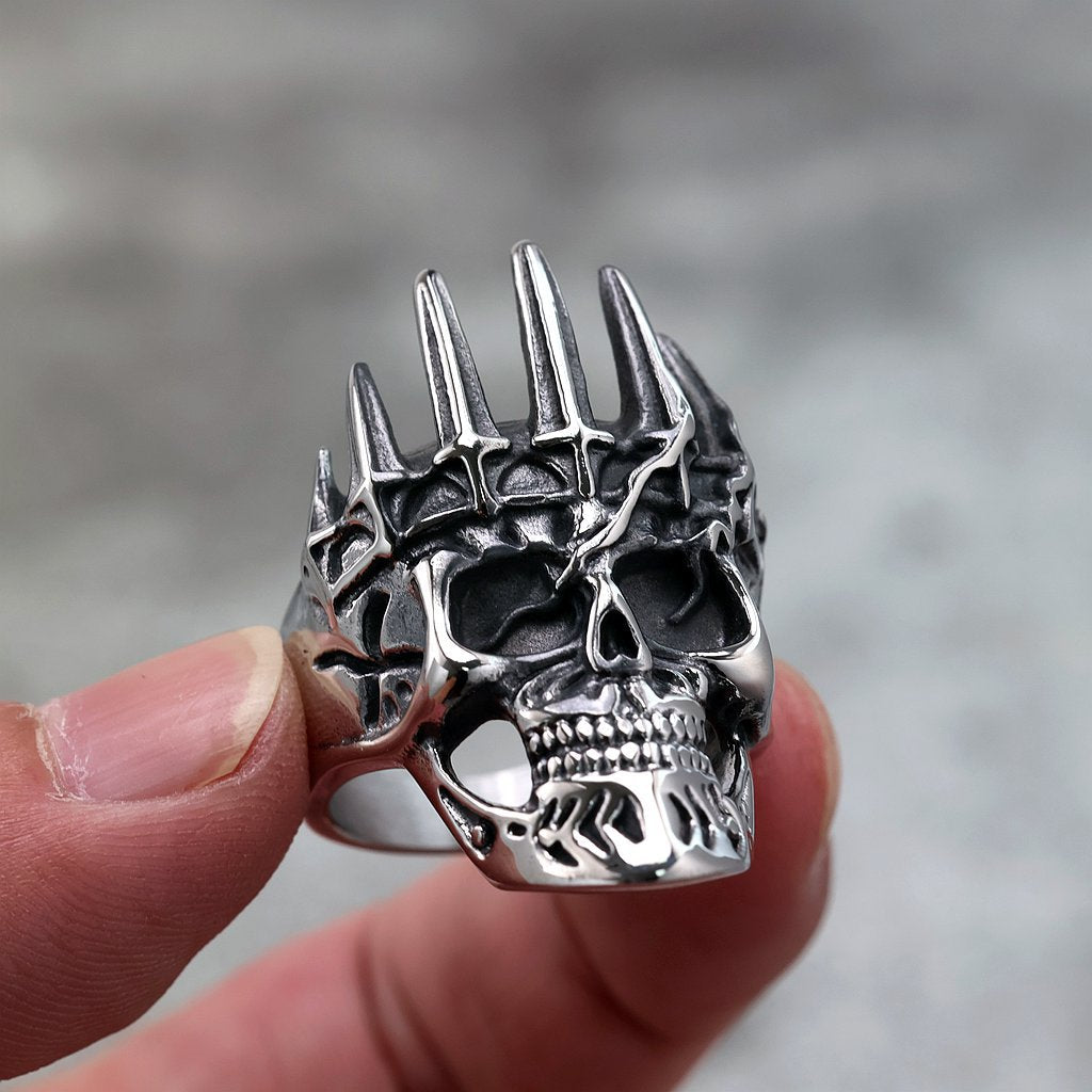 Vintage Solid Stainless Steel Punk Gothic Crown Skull Band Ring for Men