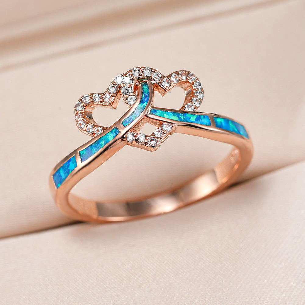 Women's Intertwined Double Heart Opal With Zirconia Ring