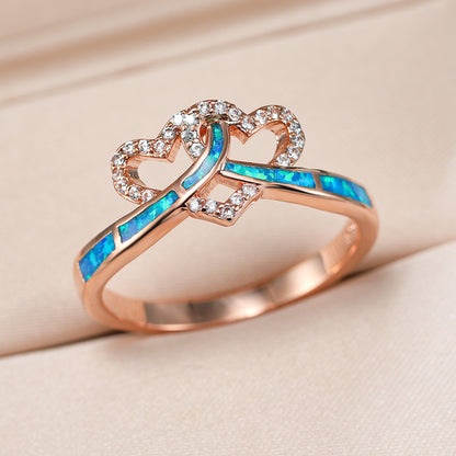 Women's Intertwined Double Heart Opal With Zirconia Ring
