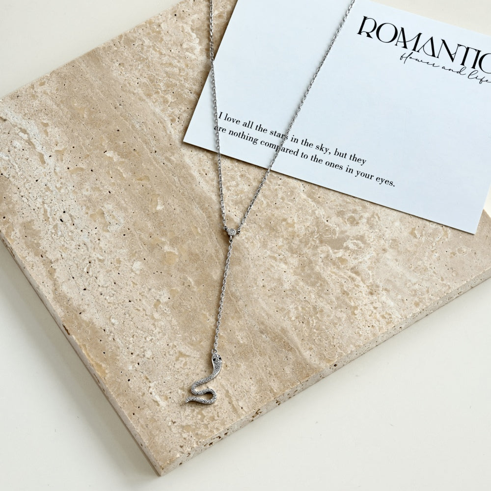 Women's Unique Snake Pendant Necklace, Round Zirconia Inlay, S925 with White Gold Plating