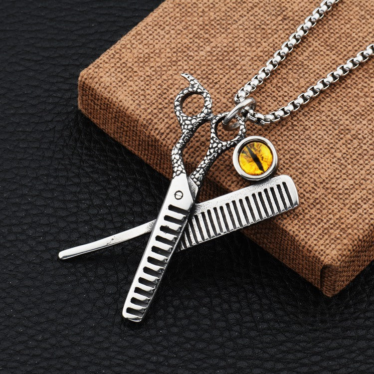 Men's Steel Scissors Comb Evil Eye Pendant Necklace