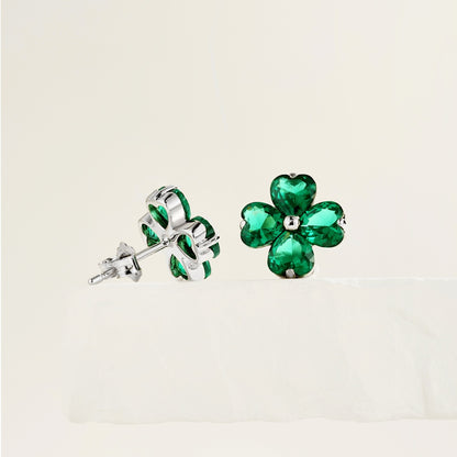 Women's Clover Stud Earrings, Heart‑Shape Emerald with Bead Accent, S925 with White Gold Plating