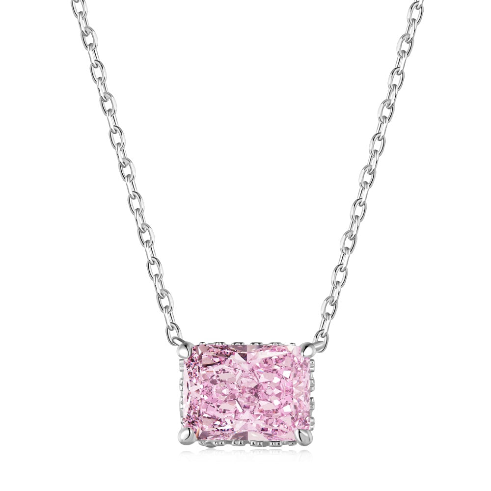 Women's Luxury Pendant Necklace, Rectangle Shape Crushed Ice Cut Pink Sapphire Inlay, S925 with White Gold Plating