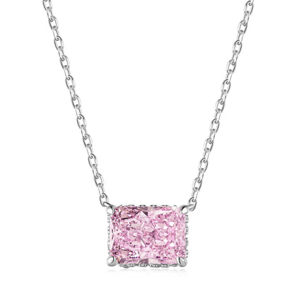 Women's Luxury Pendant Necklace, Rectangle Shape Crushed Ice Cut Pink Sapphire Inlay, S925 with White Gold Plating
