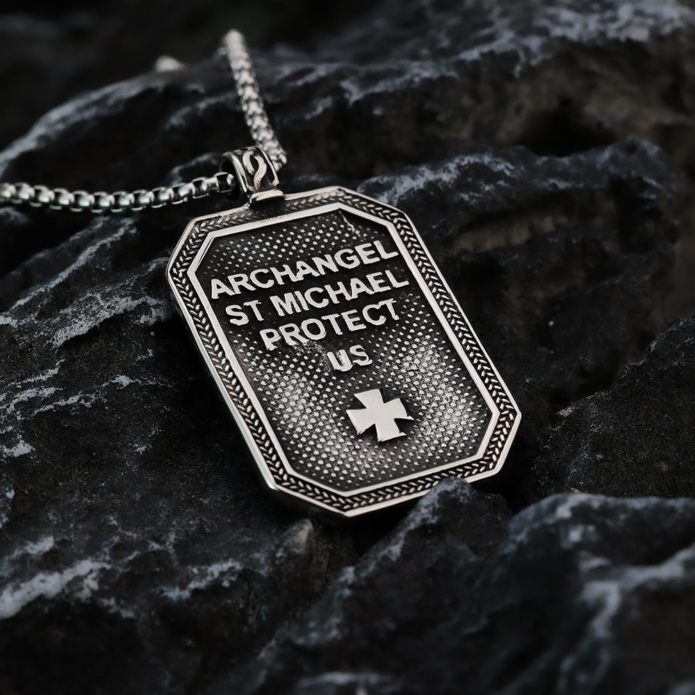 Men's Steel Archangel Michael Square Tag Pendant Necklace