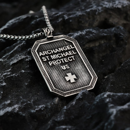Men's Steel Archangel Michael Square Tag Pendant Necklace