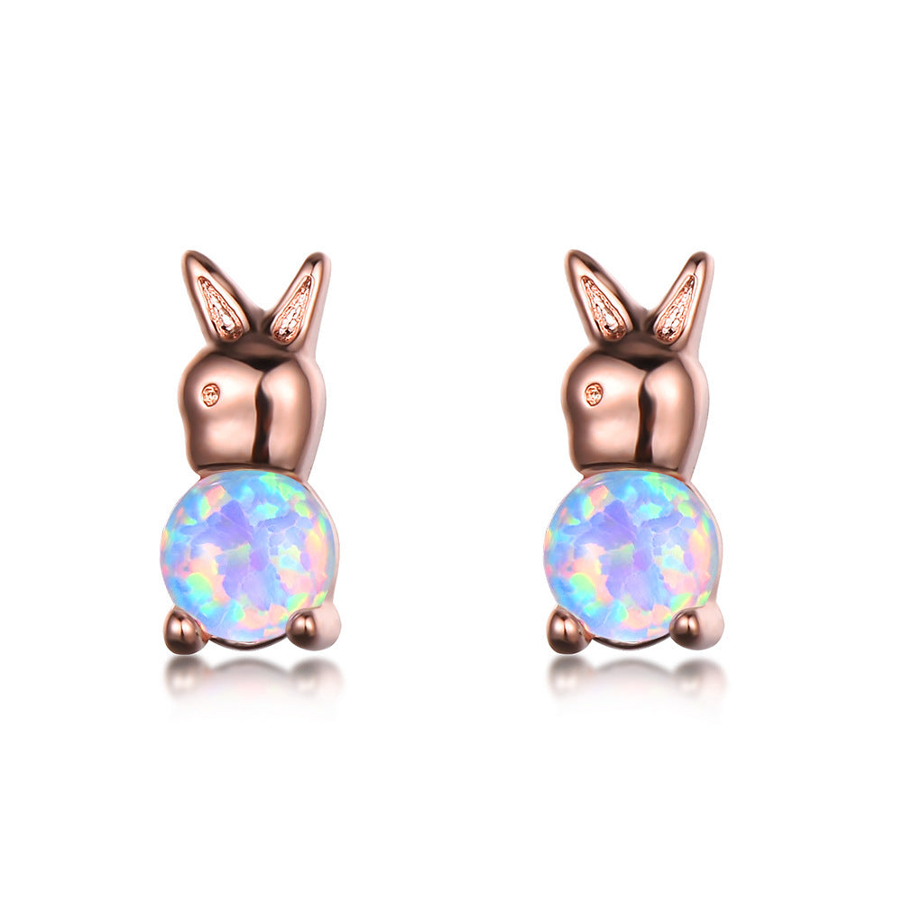 Women's Rabbit‑Shape Stud Earrings, Blue Opal / White Opal Inlay