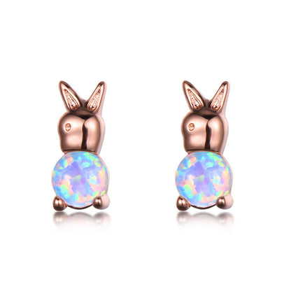 Women's Rabbit‑Shape Stud Earrings, Blue Opal / White Opal Inlay