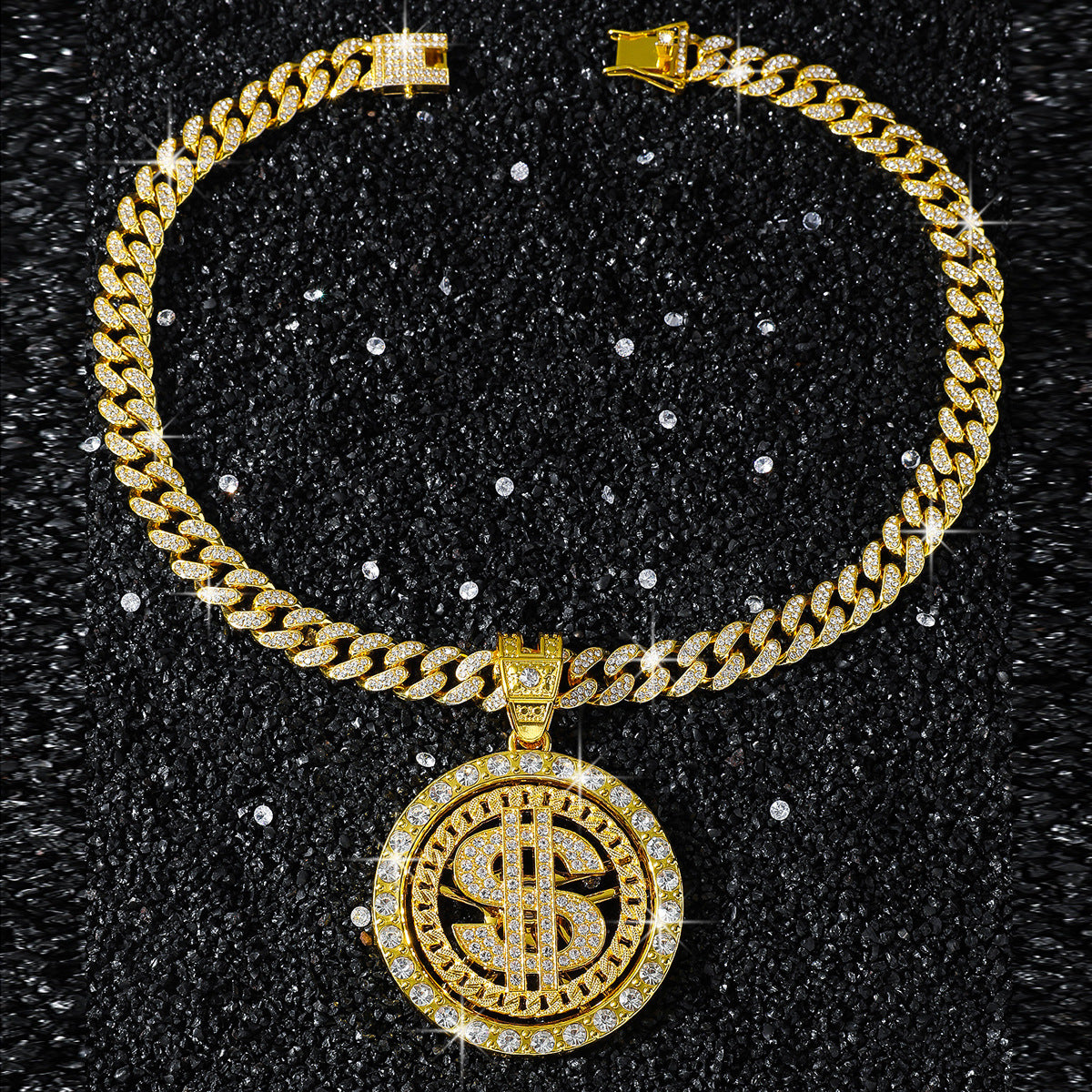 Hip-Hop Dollar Spinning Disc Cuban Chain Pendant Necklace