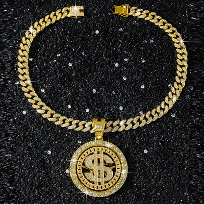 Hip-Hop Dollar Spinning Disc Cuban Chain Pendant Necklace