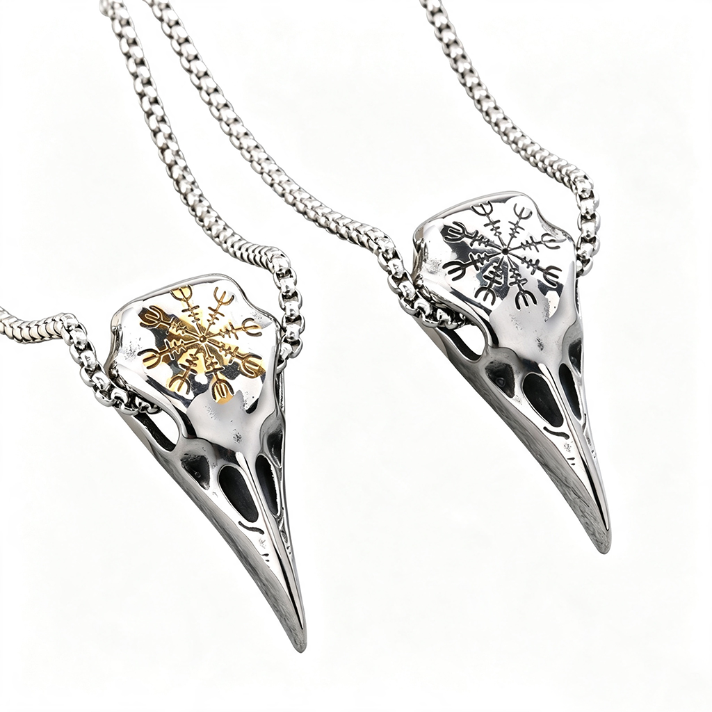 Viking Compass Raven Head Men's Stainless Steel Pendant Necklace