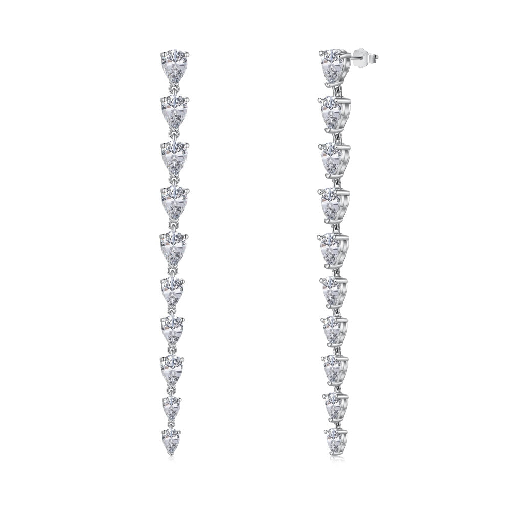 Women's Long Tassel Drop Earrings, Graduated Pear‑Shape Zirconia, S925 with White Gold Plating