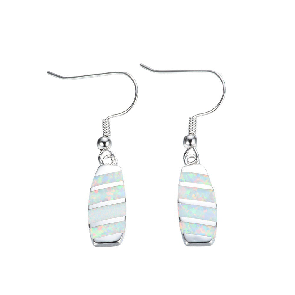 Women's Striped Elongated Hook Dangle Earrings, Blue Opal / White Opal Inlay, White Gold Plating