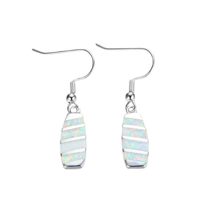Women's Striped Elongated Hook Dangle Earrings, Blue Opal / White Opal Inlay, White Gold Plating