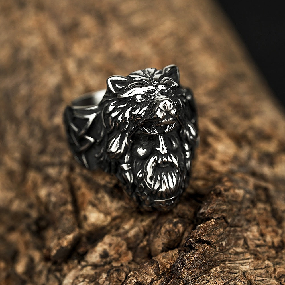 Vintage Antique Oxidized Solid Stainless Steel Norse Viking 3D Wolf Head Triquetra Celtic Knot Band Ring for Men