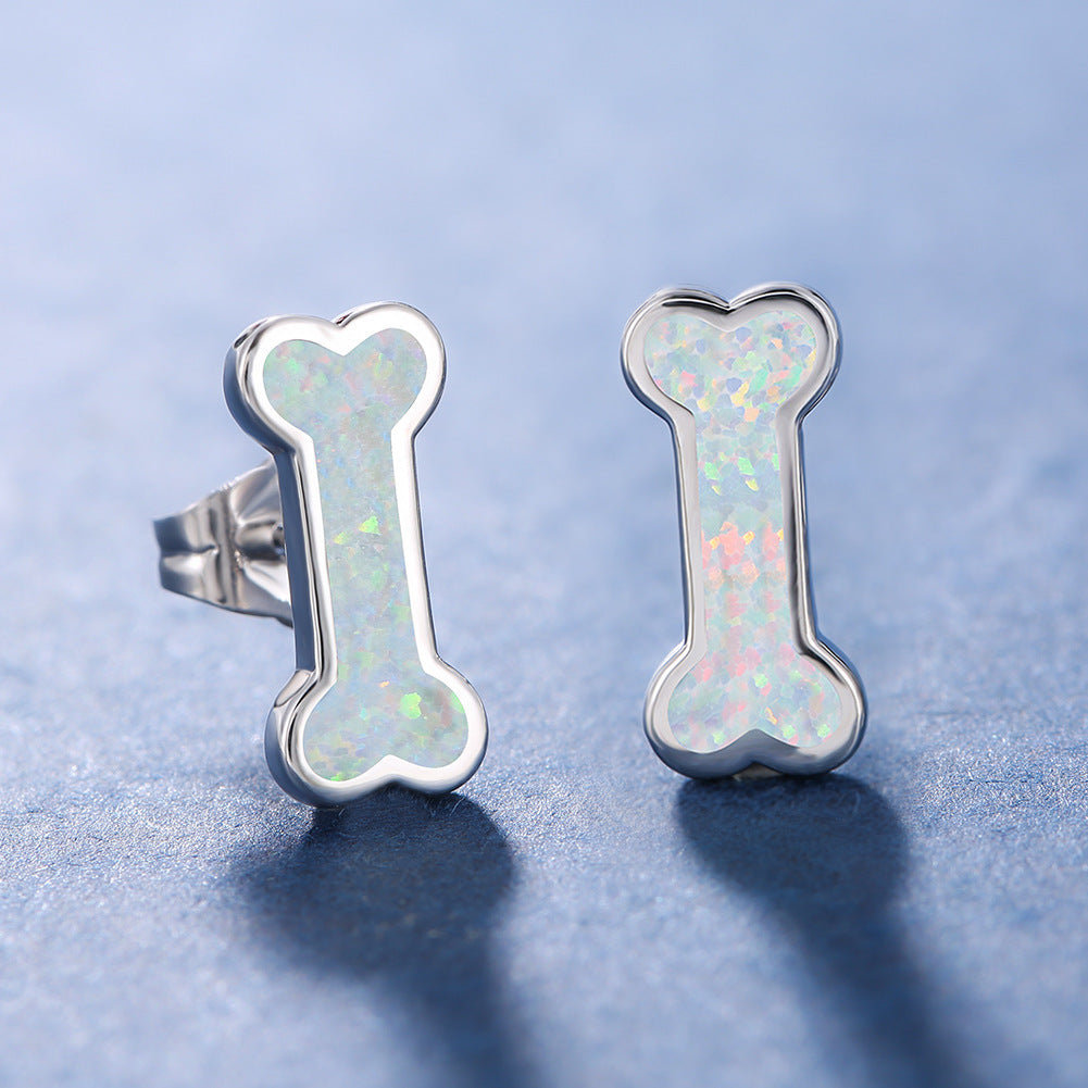 Women's Bone‑Shape Stud Earrings, Blue Opal / White Opal Inlay, Rose Gold Plating / White Gold Plating
