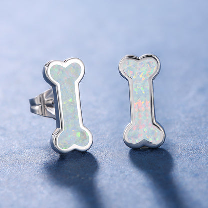 Women's Bone‑Shape Stud Earrings, Blue Opal / White Opal Inlay, Rose Gold Plating / White Gold Plating