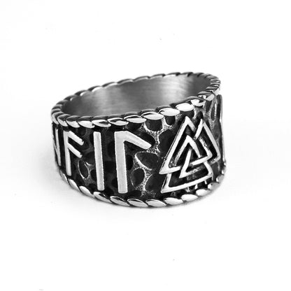 Vintage Solid Stainless Steel Norse Viking Rune Valknut Textured Wide Band Ring for Men