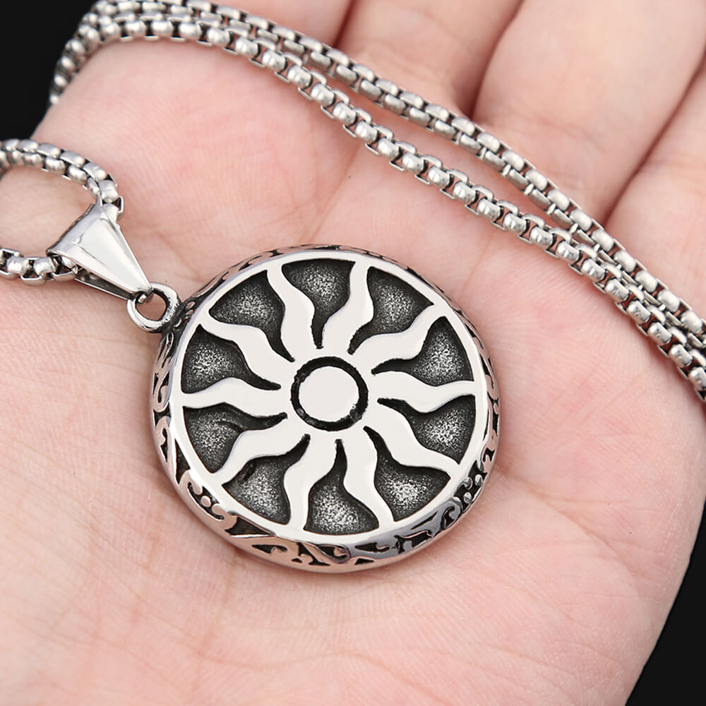 Men's Steel Vintage Sun Pattern Round Pendant Necklace
