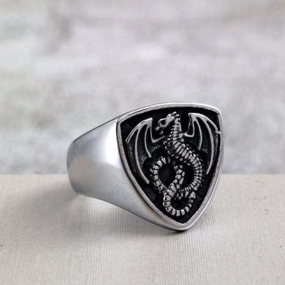 Vintage Solid Stainless Steel Shield Dragon Signet Ring for Men