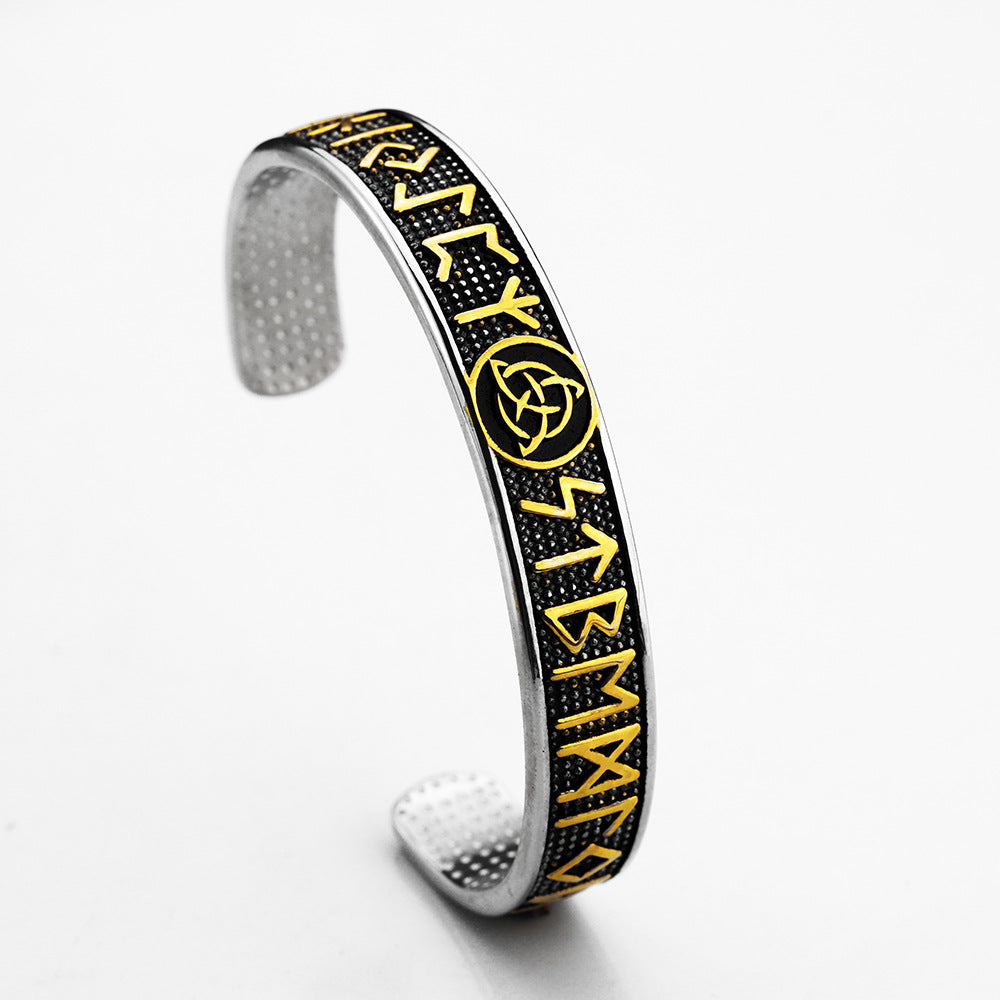 Men's Nordic Pirate Vintage Solid Stainless Steel Open C Cuff Bracelet, Engraved Viking Rune Symbols Adjustable Retro Bangle