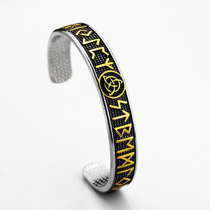 Men's Nordic Pirate Vintage Solid Stainless Steel Open C Cuff Bracelet, Engraved Viking Rune Symbols Adjustable Retro Bangle
